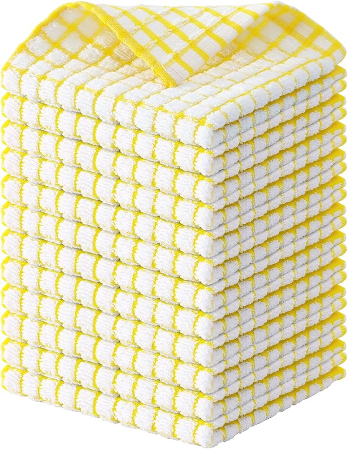 Kitinjoy Cotton 12 Pack Terry Kitchen Dish Cloths, 12 x 12 Inches Super Soft and Absorbent Dish Rags, Quick Drying Dish Towels for Washing Dishes, Yellow