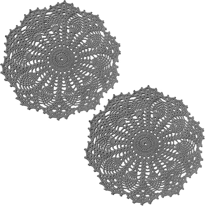 BIBITIME 2 PCS 11 inches to 12 inches Lace Doilies Crochet Handmade Lace Coasters Round Placemat Rustic Table Doilies Decors for Kitchen Dining Room Party Dressers (Dark Grey)
