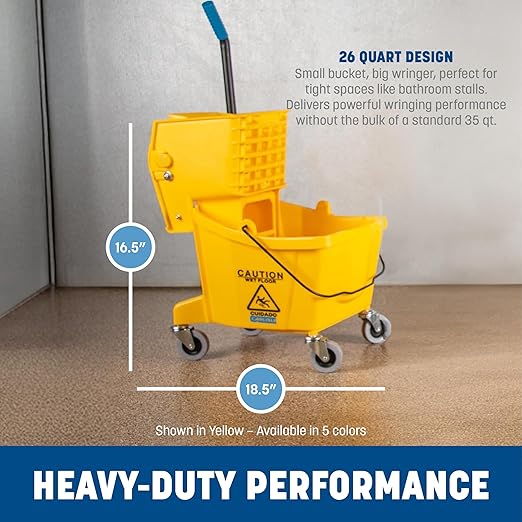 Carlisle FoodService Products 26-Quart Commercial Mop Bucket with Side-Press Wringer, Precision-Molded Polypropylene, Durable Wringer, Bucket with Non-Marking Casters, 18.5 x 16.5 x 23 Inches, Blue