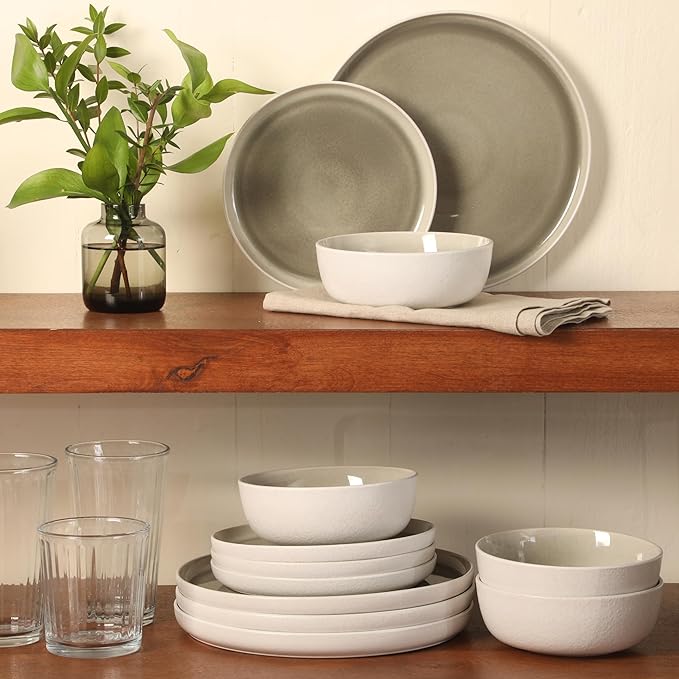 Gibson Elite Tahoe Sunset 12-Piece Reactive Stoneware Dinnerware Set – Matte Exterior & Shiny Interior Plates and Bowls, Durable Everyday Dish Set, Microwave & Dishwasher Safe - Taupe