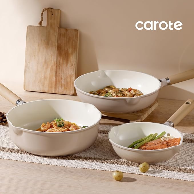 CAROTE 8" Ceramic Frying Pan with Lid, Non Stick Frying Pan Skillet Chef's Pan, Healthy & PFOA/PFAS Free, Induction-Compatible, Taupe