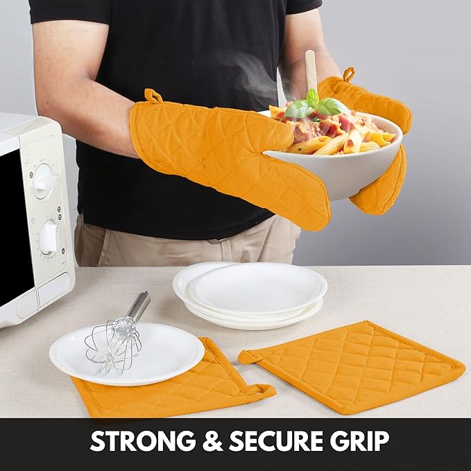 Oven Mitt (7"x13") & Pot Holder (8"x8") 100% Cotton Set of Heat Resistant Oven Gloves & Hot Pads for Gifts, BBQ, Cooking, Baking, Thanksgiving - Mustard Yellow