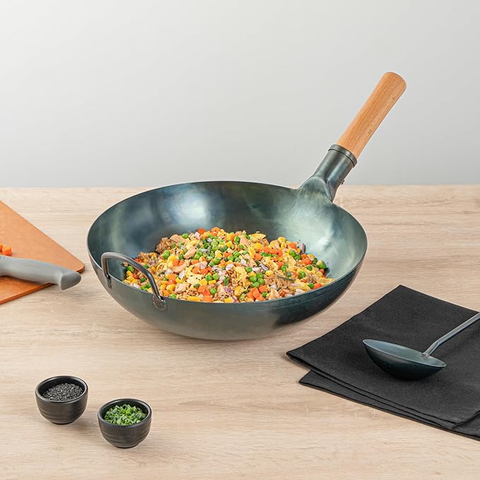 Restaurantware-Motomori 14 Inch Blue Carbon Steel Wok Pan, 1 Traditional Japanese Wok - Flat Bottom, Hand-Hammered, Carbon Steel Traditional Stir Fry Pan, With Wooden Handle