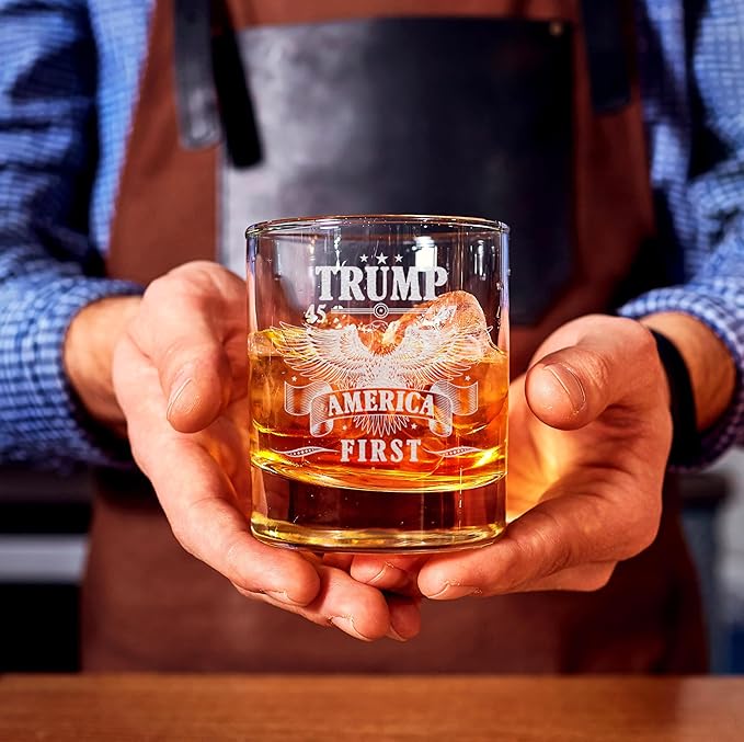 Donald Trump America First Whiskey Glass - Laser Engraved 11oz Old Fashioned Glass, Political Gift for Men, MAGA Merch, Right-Wing Collectible
