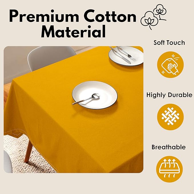 Farmhouse 52"x70" Tablecloth 100% Cotton Washable Rustic Rectangle Table Cover for Gifts, Dining, BBQ, Buffet Parties & Camping - Mustard Yellow