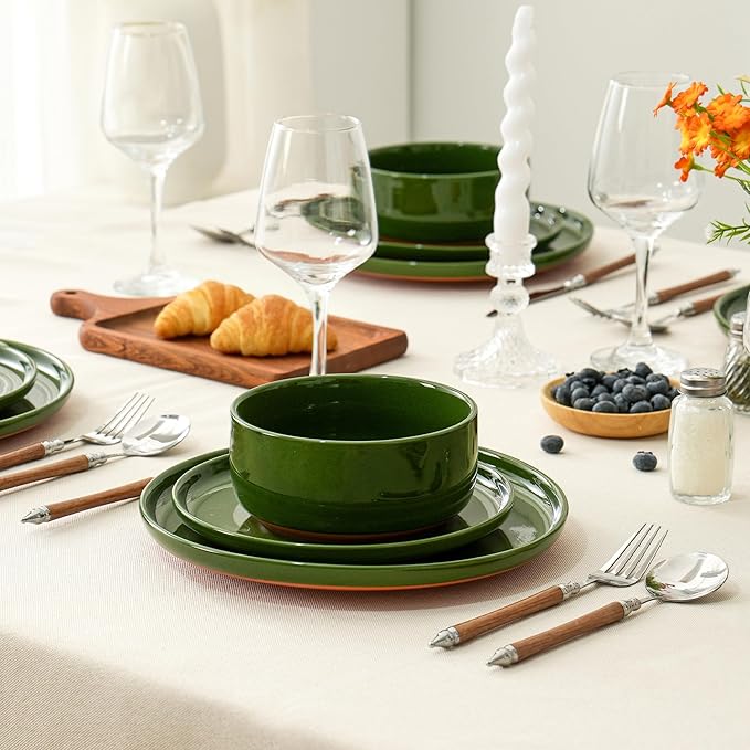 10.25-Inch Dinner Plates Set of 4, Dual Glaze Stoneware Plates, Microwave and Dishwasher Safe, Ceramic Plates for Everyday Dining, Forest Glaze Green
