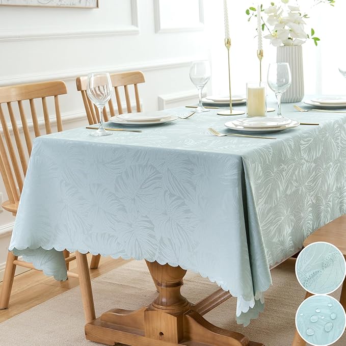Rectangle Tablecloth Jacquard Luxury Table Cloth Waterproof Washable Leaves Silky Soft Woven Fabric Cover for Kitchen Dinning Outdoor Birthday Party Banquet Decor (Aqua,60x84In)