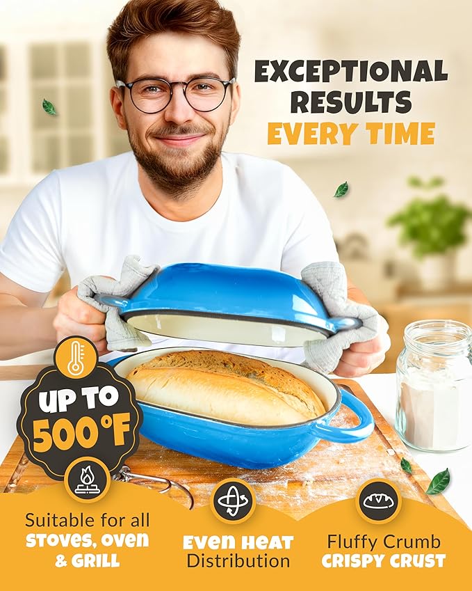 Loaf Pan for Bread Baking - incl. Sourdough Bread-Baking Supplies like Banneton Bread-Proofing Basket - 2QT Enameled Oval Cast Iron Dutch Oven, Bread-Oven, Sour Dough Bread-Banking-Pan Tools