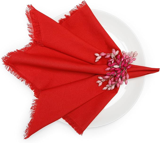 Christmas Dinner Napkins, Beautiful Handmade Fringe Red Cloth Napkins Set of 12 Washable and Reusable, Perfect for Dining, Weddings, Holiday & Everyday Use - 18x18 Inch Red