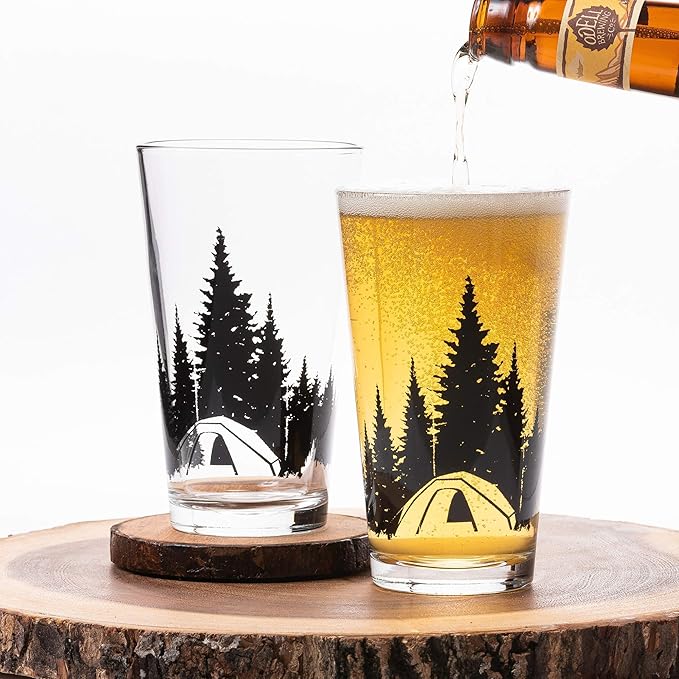 Black Lantern Camping in the Woods Pint Glass Set 16oz Nature-Themed Beer Glasses for Outdoor & Craft Beer Lovers (Set of 2)