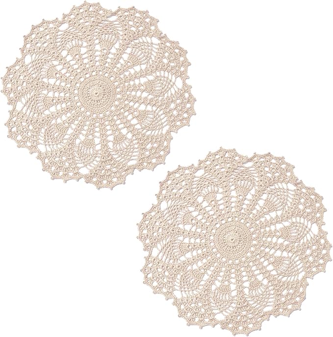 BIBITIME Lace Doilies Crochet Handmade Lace Coasters Round Placemat Rustic Table Doilies Decors for Kitchen Dining Room Party Dressers (11 inches to 12 inches,Pack of 2 PCS, Beige)