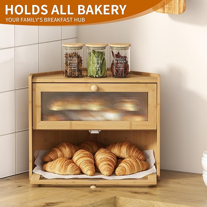 2 Tier Bread Box,Natural Bamboo Two Tier Bread Box with View Window, Handmade Sandwich Bread Keeper for Kitchen Countertop, Space Saving Storage Cabinet for Home Bakery in Corner Design