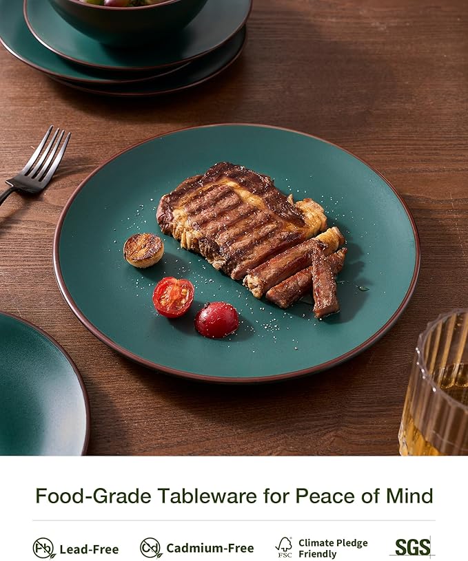 Famiware Venus Speckled Dinnerware Set with Pasta Bowls, Service for 4 (16 Pieces), Stoneware Plates and Double Bowls Sets, Microwave & Dishwasher-Safe Dishes with Trim, Matte Dark Green
