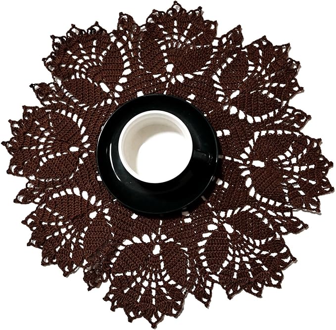 BIBITIME Tulip Flower Doilies Lace Doilies Kitchen Table Doily Mats Tablecloth Handmade Crochet Placemats Vase Dish Plate Mat (1 PC- 15 inches- 16 inches, Coffee)