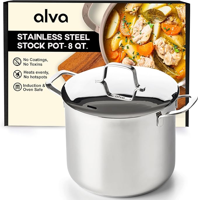 Alva Maestro Stainless Steel Stock Pot 8Qt. - Lasered Engrave Measurement, Oven Safe and Made without PFAS, PFOA & PTFE - Induction and All Stovetop Compatible with Even Heat Distribution
