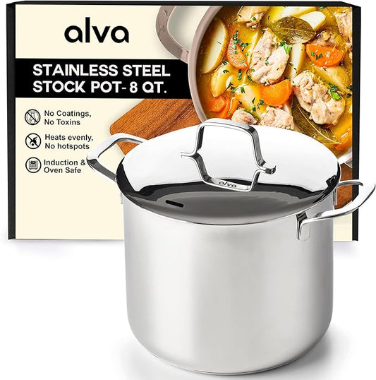 Alva Maestro Stainless Steel Stock Pot 8Qt. - Lasered Engrave Measurement, Oven Safe and Made without PFAS, PFOA & PTFE - Induction and All Stovetop Compatible with Even Heat Distribution