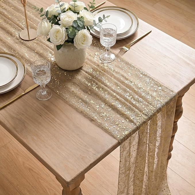 Artoid Mode Coffee Gold Gauze Table Runner 120 Inch 10FT, Glitter Metallic Foil Sheer Dining Wedding Anniversary Holiday Birthday Table Decor for Home Party