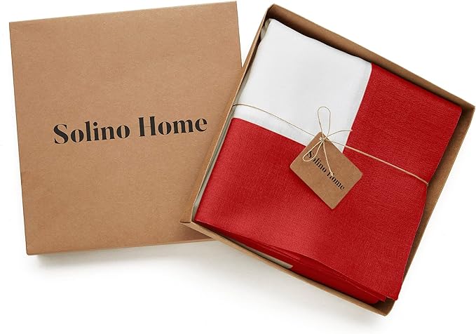 Solino Home Linen Tablecloth for Rectangle Tables 60 x 90 Inch - 100% Pure Linen Red and White Table Cloth - Contempo, Machine Washable Cloth Tablecloth for Valentines