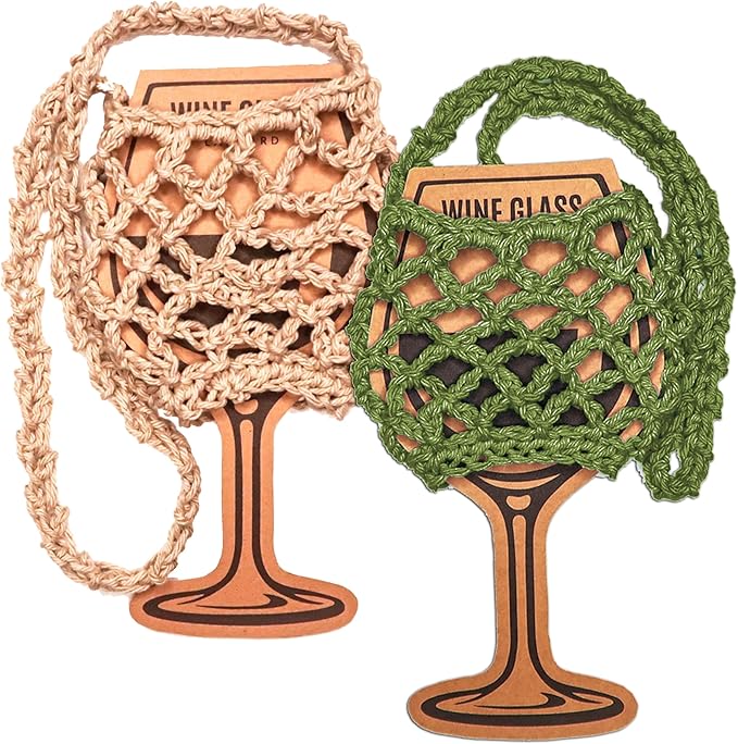 2 Pack Crochet Cotton Wine Glass Lanyard Holder for Wine Festival Lovers (Wheat-Sage Green)