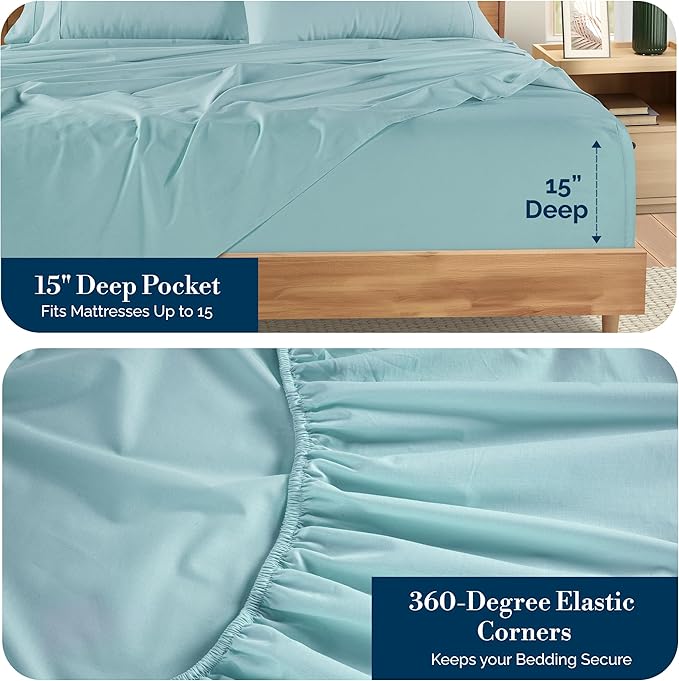 Casa Platino Full Sheets Sets – 100% Cotton Full Sheets Cooling with 4 Pillowcases, 15" Deep Pocket Fitted Sheet, Crisp & Smooth Feel, Ultra Soft & Cozy, Fit – Blue Sky