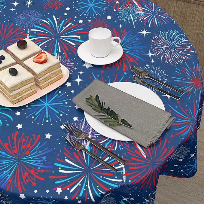 4th of July Round Tablecloth 70 Inch Patriotic Red and Blue Fireworks Polyester Table Cloth Independence Day Memorial Day Table Cover Decoration for Kitchen Dinner Party