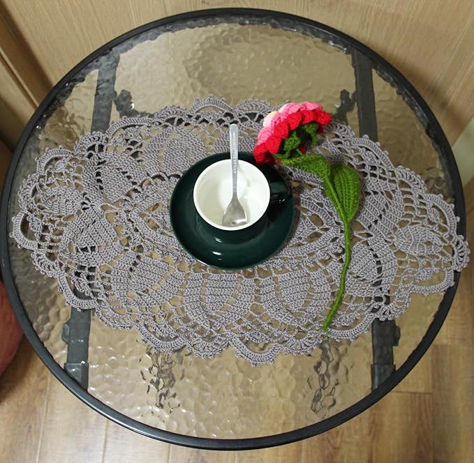 BIBITIME Lace Tablecloth Doily Handmade Crochet Placemat Women Vase Mat Kitchen Table Runner (2PCS- 12 x 22 in, Dark Grey)