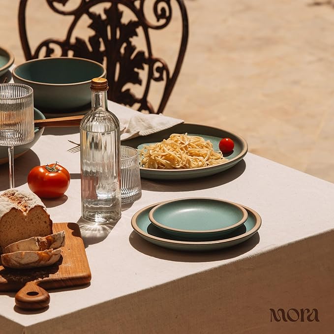 MORA Medium Plates Set of 4, 8.5 inch Ceramic Pottery Salad Plates - Microwave, Oven and Dishwasher Safe - Iris
