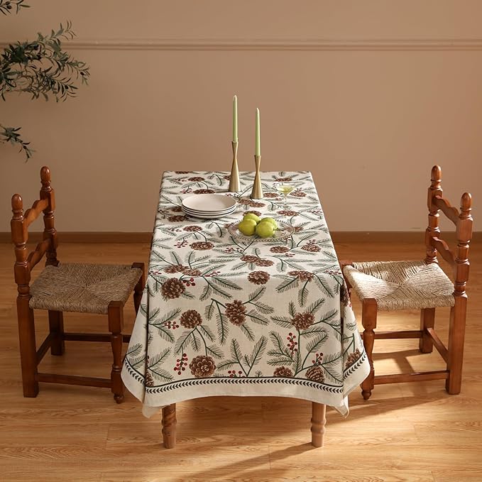 ISAENNE Designer Christmas Beige Linen Square Tablecloth,Pinecones Pattern Indoor Tablecloths,Wrinkle Resistant Decor Table Cloth for Dining Thanksgiving Kitchen Christmas,67"*67"-Carol B