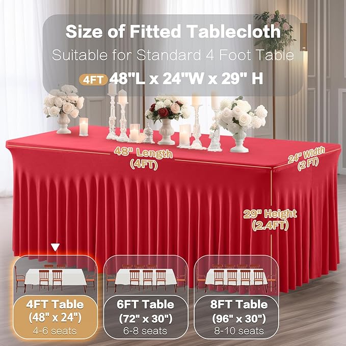 2 Packs Red Spandex Table Clothes for 4 Foot Rectangle Table, Spandex Table Covers 4FT Stretch Table Skirts Wrinkle Free Fitted Table Cloth for Valentines, Event, Wedding, Banquet & Parties