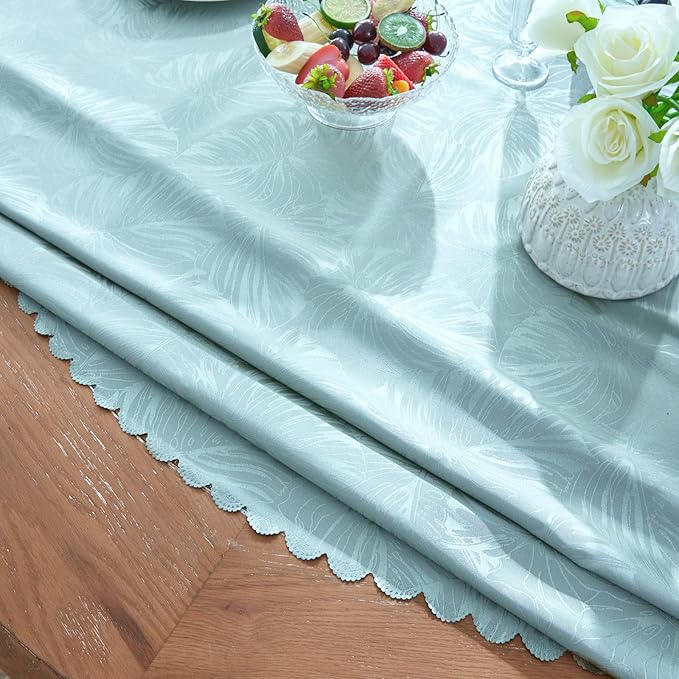 Round Tablecloth Blue Table Cloth Leaves Pattern Scalloped Edge Silky Soft Waterproof Washable 50 Inch Fabric Table Cover for Dining Kitchen Picnic Party Banquet Patio Holiday Decoration