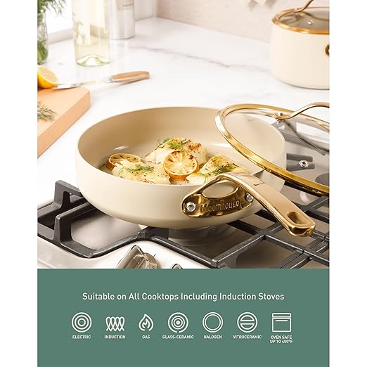 Bloomhouse - Two Time Oprah's Favorite Things Winner - 8 Piece Pots and Pans Heavy Duty Aluminum Premium PFA Free Ceramic Nonstick Cookware Set - Almond Cream w/Gold Handle