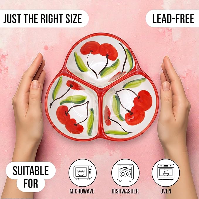 Ceramic Chip & Dip Bowl 7.5”, 3-Compartment Divided Serving Dish & Condiment Tray for Appetizers – Handmade in Spain, Lead-Free Glaze, Microwave, Oven & Dishwasher Safe