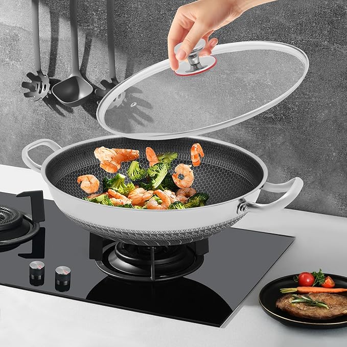 Wok Pan,Hybrid Wok with Lid,Non Stick Stainless Steel Woks & Stir-fry Pans Nonstick Frying Pan Dishwasher and Oven Safe, Works on Induction (14 inch)
