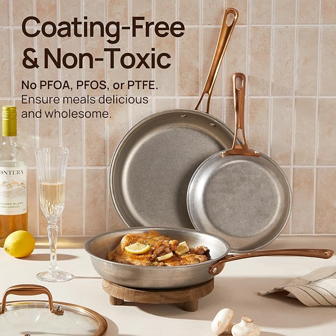 KOKHUB Tri-Ply Stainless Steel Frying Pans Set, 8"/9.5"/11" Vintage Cooking Pans with Lids, PFOA/PTFE/PFAS Free Skillet, Non-Toxic Induction Cookware, Dishwasher & Oven Safe, All Cooktops Compatible