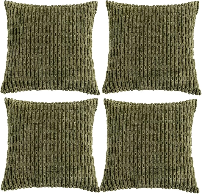 Fancy Homi 4 Packs Boho Moss Green Decorative Throw Pillow Covers 18x18 Inch for Couch Bed Sofa, Rustic Modern Farmhouse Home Decor, Soft Plush Corduroy Cute Square Cushion Case 45x45 cm