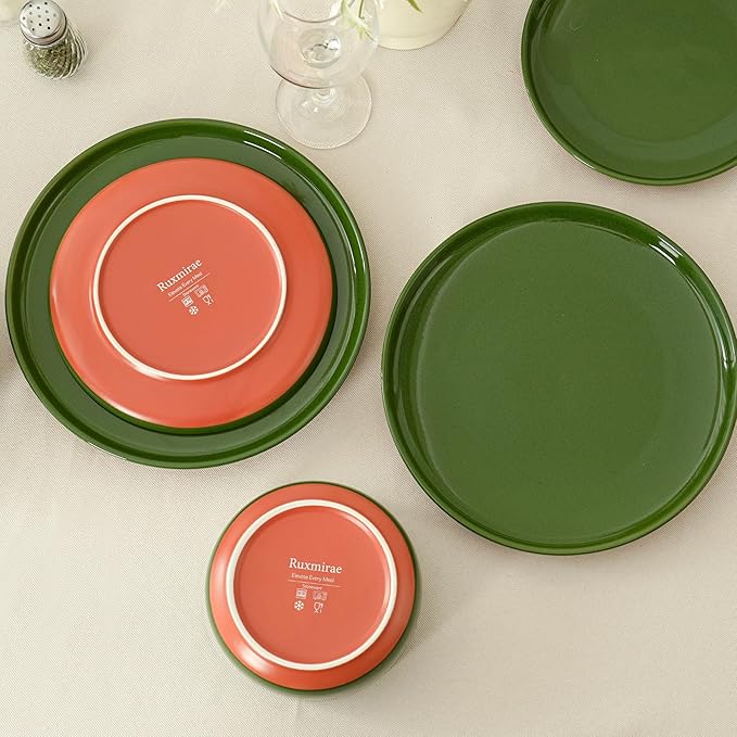 24 Piece Dinnerware Set, Dual Glaze Stoneware Plates and Bowls Sets, Modern Dinner Plate, Salad Plate, Cereal Bowl, Dish Set for 8, Microwave and Dishwasher Safe, Forest Glaze Green