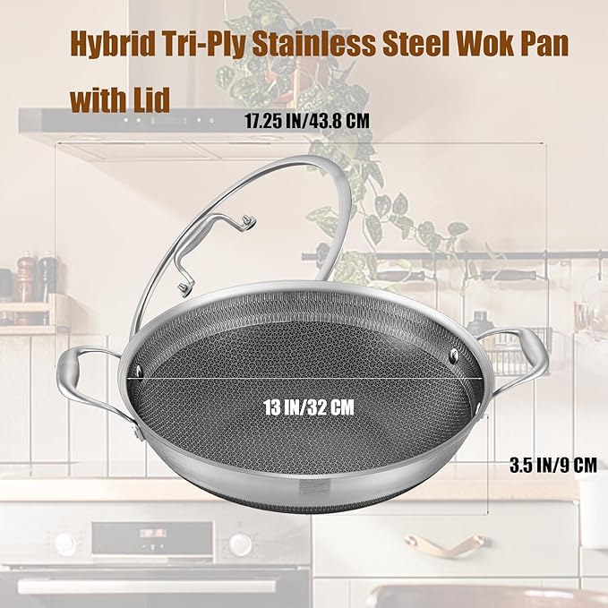 LOLYKITCH 13 Inch New Hybrid Tri-Ply Stainless Steel Wok Pan with Lid,Ceramic Non Stick Stir-Fry Pans,Induction Cooking Pot,Dishwasher and Oven Safe