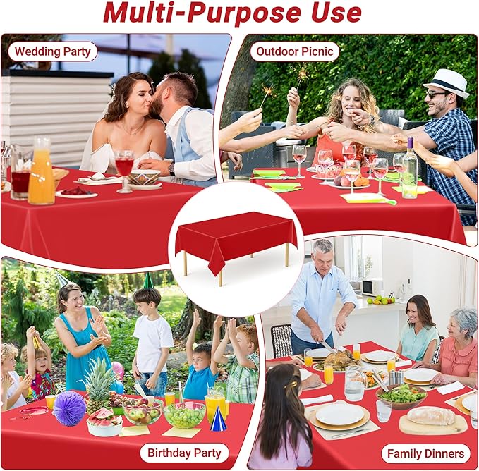 QZYL 2 Pack Picnic Table Cover, 108 x 54 Inches Red Plastic Table Cloths, Red Disposable Tablecloth Rectangle Tablecover, Waterproof Decorations Party Supplies for Wedding Anniversary Home