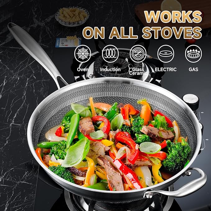 LOLYKITCH New Hybird 12 Inch Tri-Ply Stainless Steel Wok Pan with Lid,Ceramic Nonstick Stir Fry Pans,Induction Cooking Pan,Dishwasher and Oven Safe