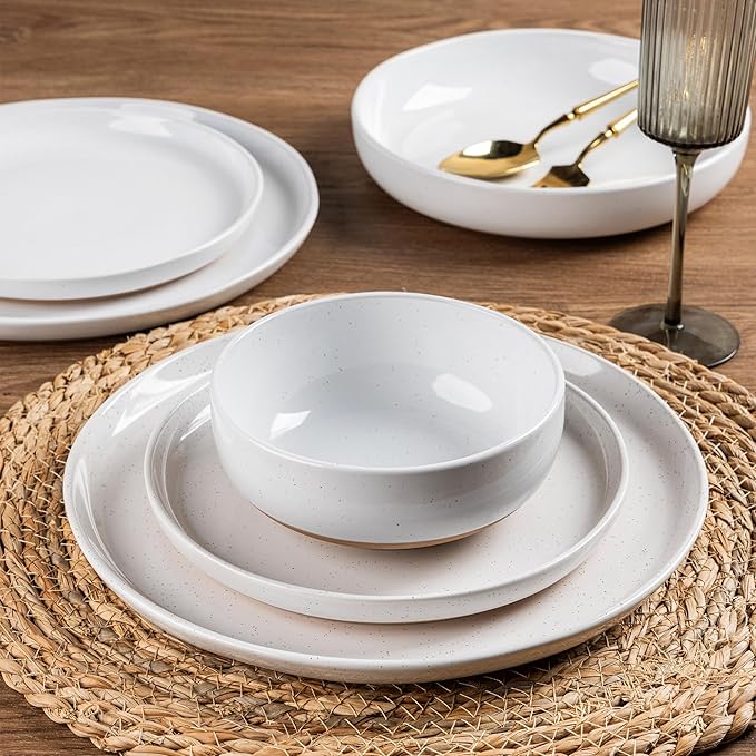 AmorArc Ceramic Dinnerware Sets for 4, 12 Pieces Handpainted Plates and Bowls Set with Rustic Terracotta Underside, Scratch Resistant Stoneware Dishes Set, Dishwasher & Microwave Safe, White