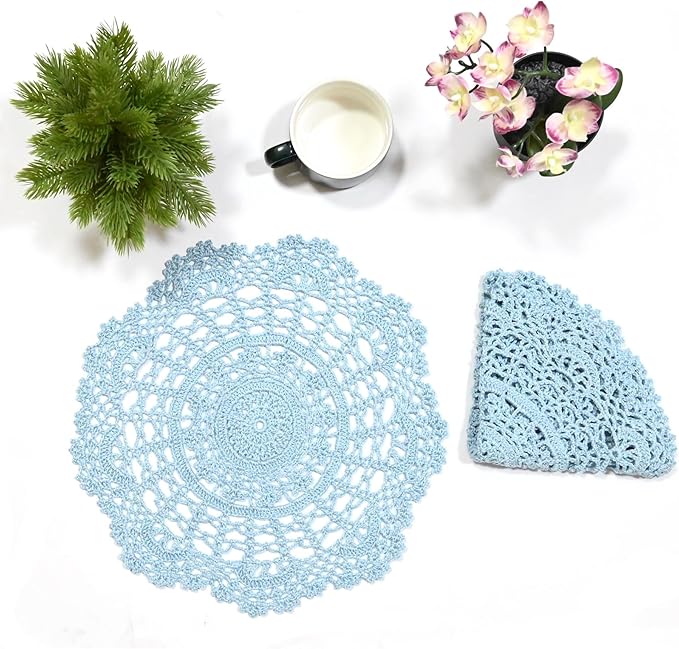 BIBITIME 2PCS Lace Table Doilies Kitchen Placemats Round Handmade Crochet Flower Cup Mug Mat Doily (Light Blue, 13 inches to 14 inches,2PCS)