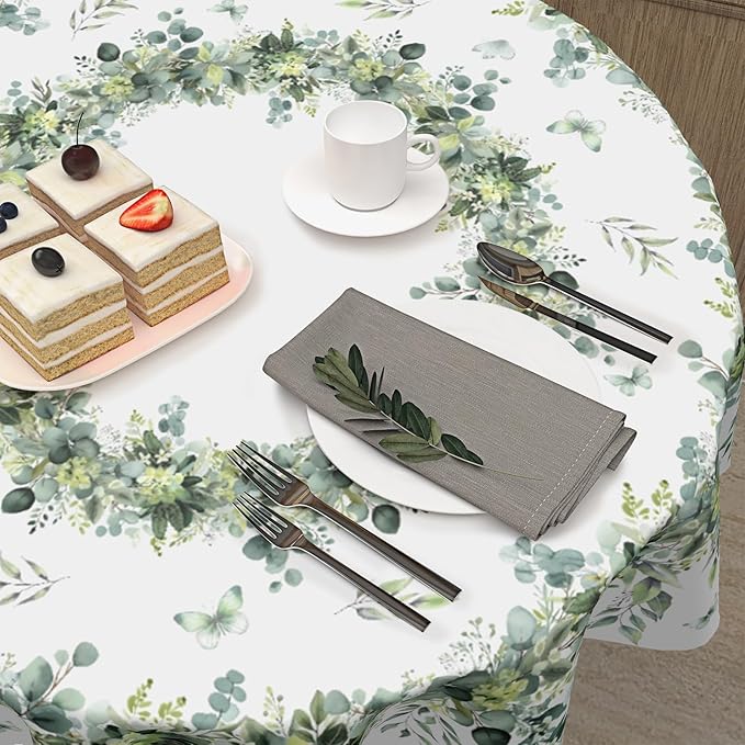 Spring Round Tablecloth 60 Inch Green Eucalyptus Leaf Circle Table Cloth Seasonal Holiday Rustic Table Cover for Party Kitchen Dinner Home Decor