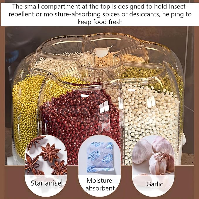 360° Rotating Candy & Grain Dispenser with 6 Compartments, One-Click Dry Food Cereal Dispenser, Large Capacity Transparent Storage Container for Rice, Grains, Nuts & Snacks (green, A)