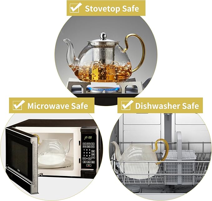 Large Glass Teapot with Stainless Infuser, Stovetop Safe, Thickened Heat-Resistant Borosilicate Glass, 46 fl oz