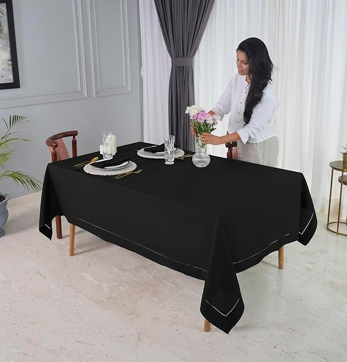 D'Moksha Homes Black Linen Tablecloth 60 x 156 Inch - 100% Pure Linen Black Tablecloth for Rectangle Tables - Classic Hemstitch, Machine Washable Table Cloth for Spring, Easter