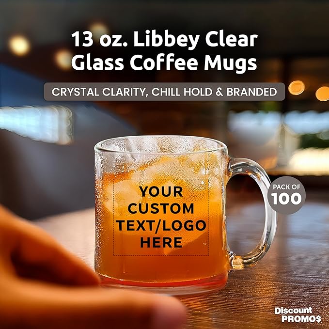 Custom Libbey Clear Glass Coffee Mugs 13 oz. Set of 100, Personalized Bulk Pack - Perfect for Coffee, Tea, Espresso, Hot Cocoa, Other Beverages - Red Bottom