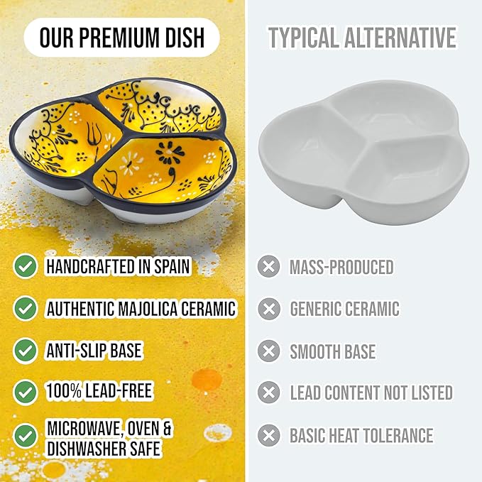 Ceramic Chip & Dip Bowl 7.5”, 3-Compartment Divided Serving Dish & Condiment Tray for Appetizers – Handmade in Spain, Lead-Free Glaze, Microwave, Oven & Dishwasher Safe