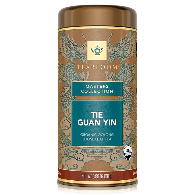Teabloom Organic Tie Guan Yin Oolong Loose Leaf Tea, Rolled Leaves From High-Elevation Mountains, USDA Organic, Toasted Walnut and Sweet Orchid Notes, 3.88 oz/110 g Canister Makes 35-50 Cups