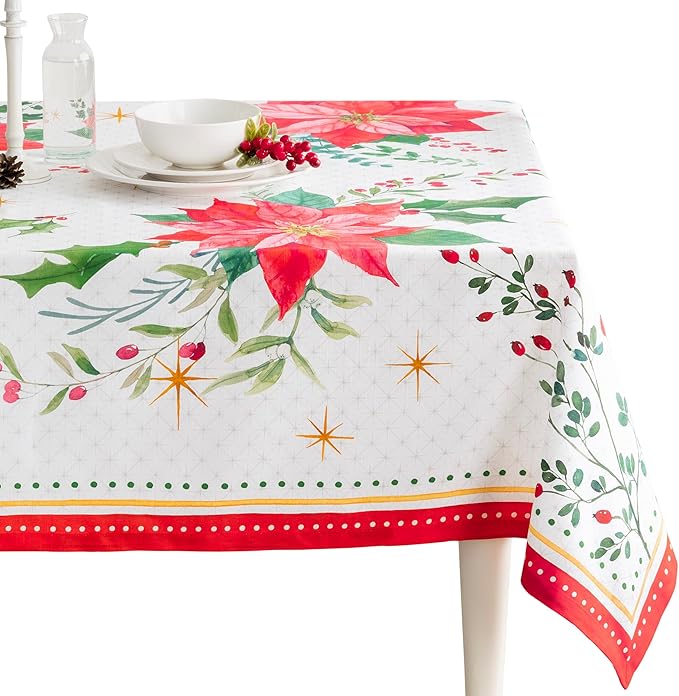 Maison d' Hermine Table Cloth Rectangle Table 100% Cotton 70 x 108 Inches Fall Tablecloth Reusable Everyday Use for Thanksgiving Christmas Decorations Dining Farmhouse Party (Poinsettia Christmas)