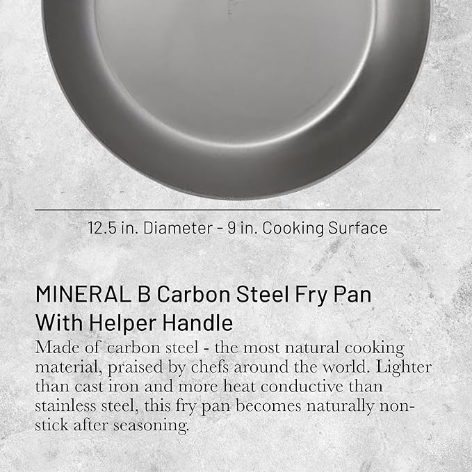de Buyer MINERAL B Pro Carbon Steel Country Fry Pan with Helper Handle - 12.5” Diameter, 9” Cooking Surface - Ideal for Sauteing, Simmering, Frying - Naturally Non-Stick Finish - Made in France